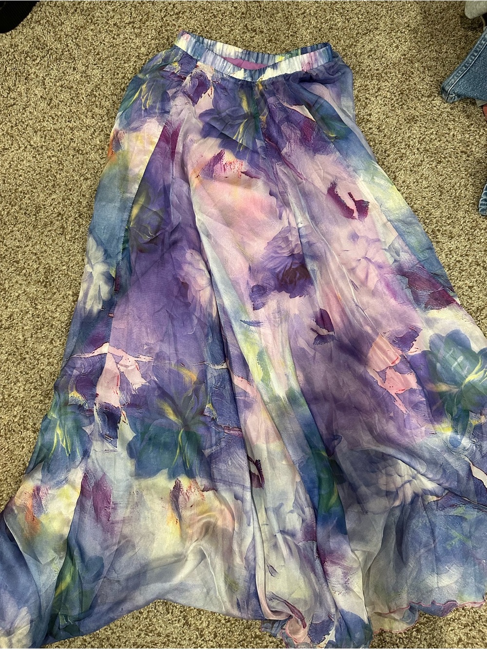 Flowy Watercolor Floral Maxi Skirt in Purple and Blue